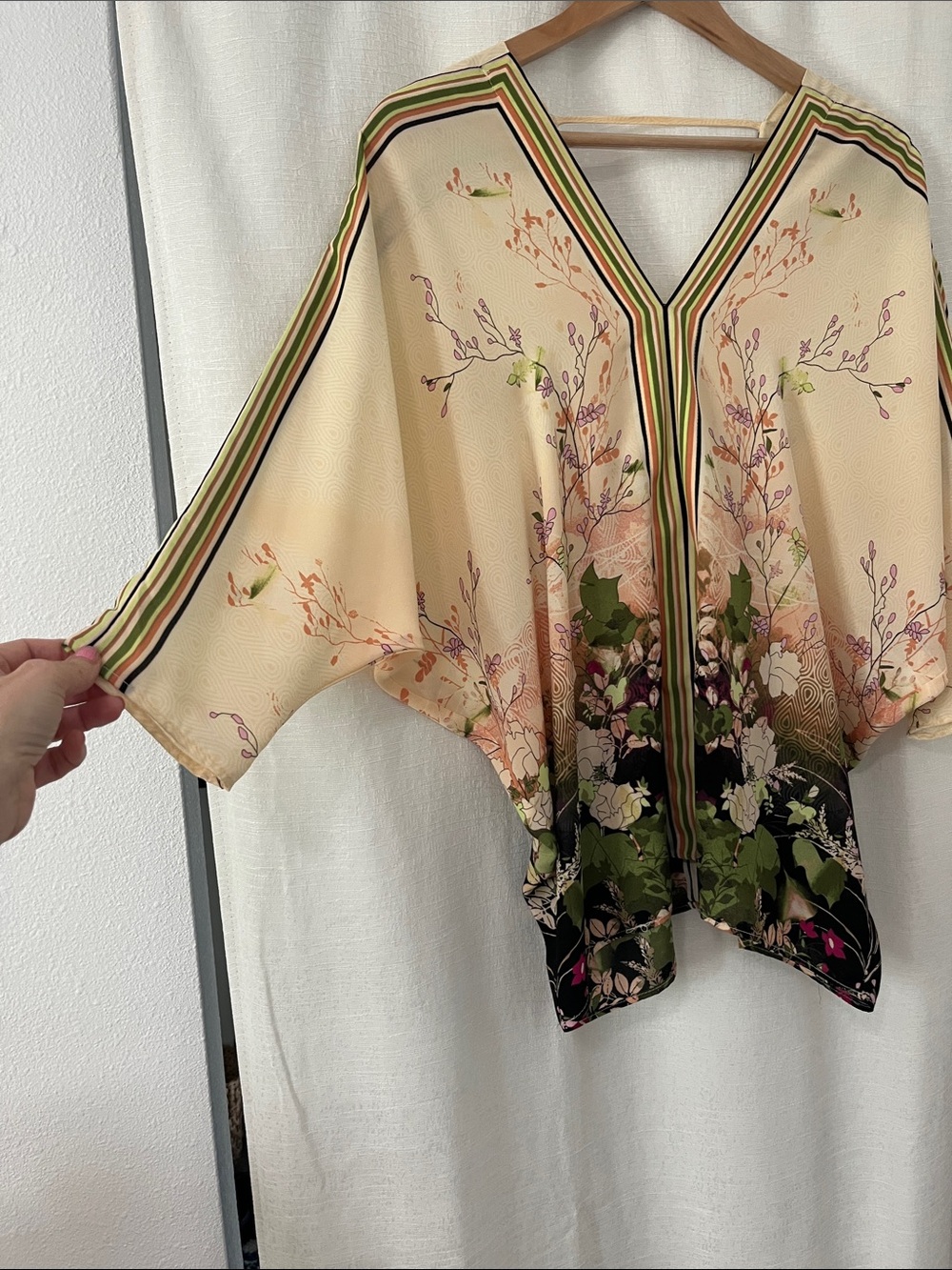 Rose & Olive Cream Floral Kimono Top with Green and Black Accents - Picture 2 of 7